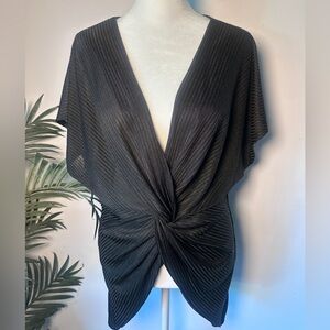 Privy Women’s Black Ribbed Sheer V-Neck Top/Blouse Msrmnts in Photos